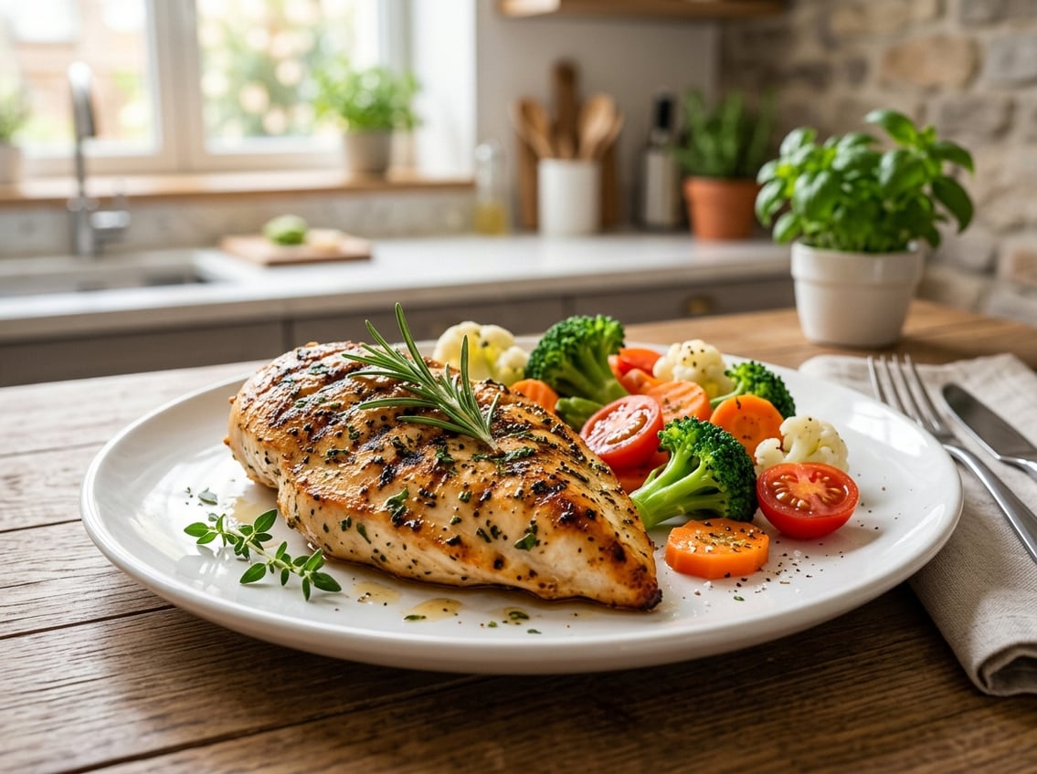 A cooked chicken breast garnished with herbs on a plate with steamed vegetables in a kitchen setting.