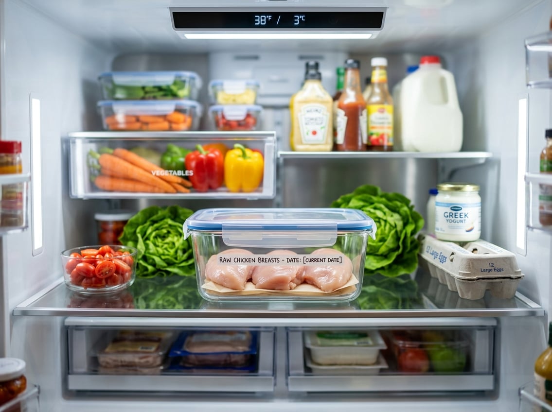 Inside a clean refrigerator with raw chicken breasts stored in a clear container on a glass shelf surrounded by fresh vegetables.