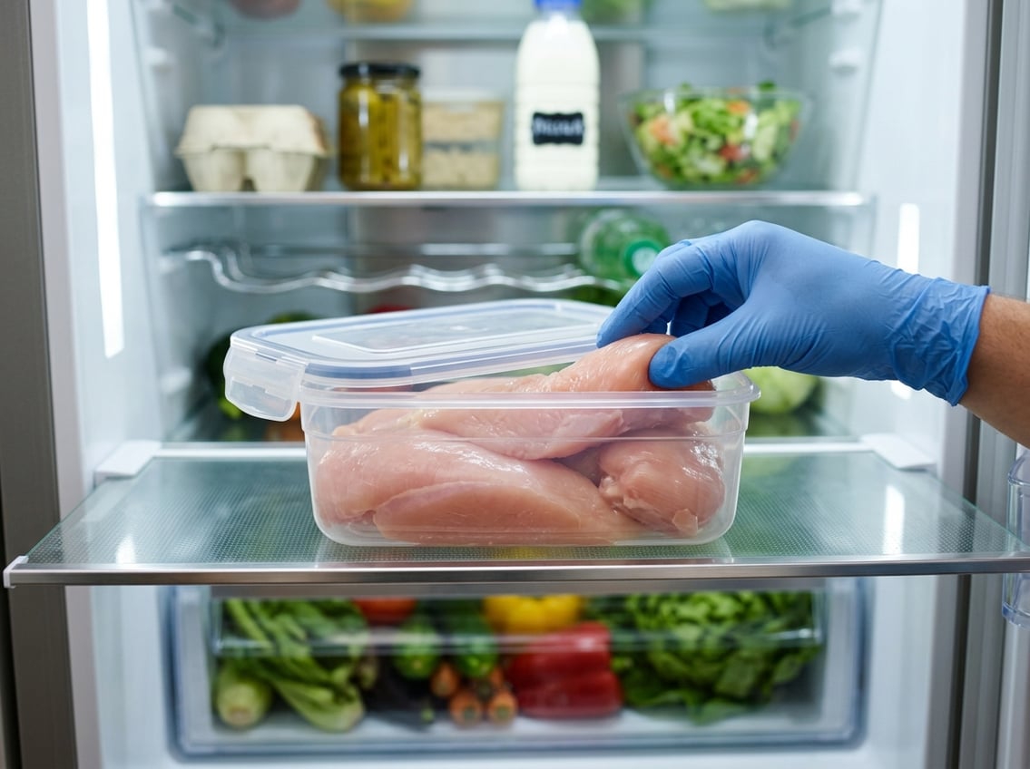 A hand inspecting raw chicken breasts inside a clean refrigerator.