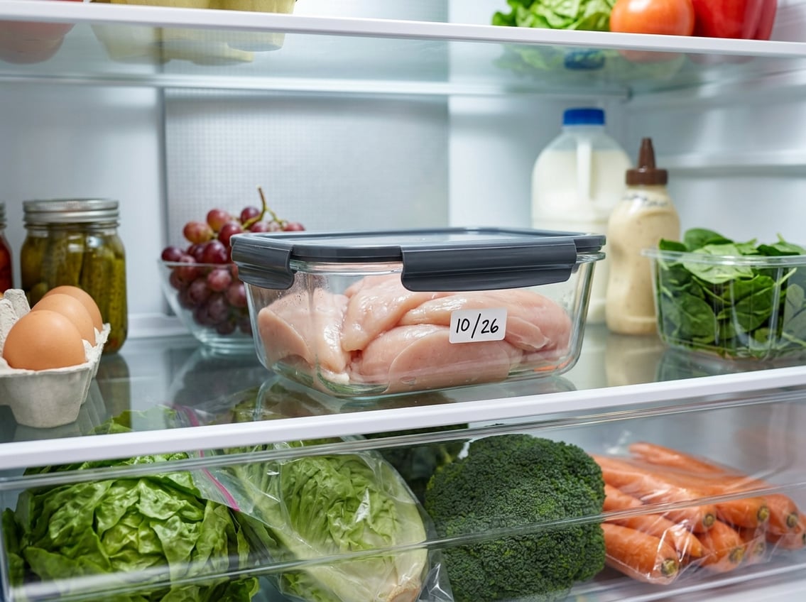 A clean refrigerator interior with raw chicken breasts stored in a sealed container alongside fresh vegetables.