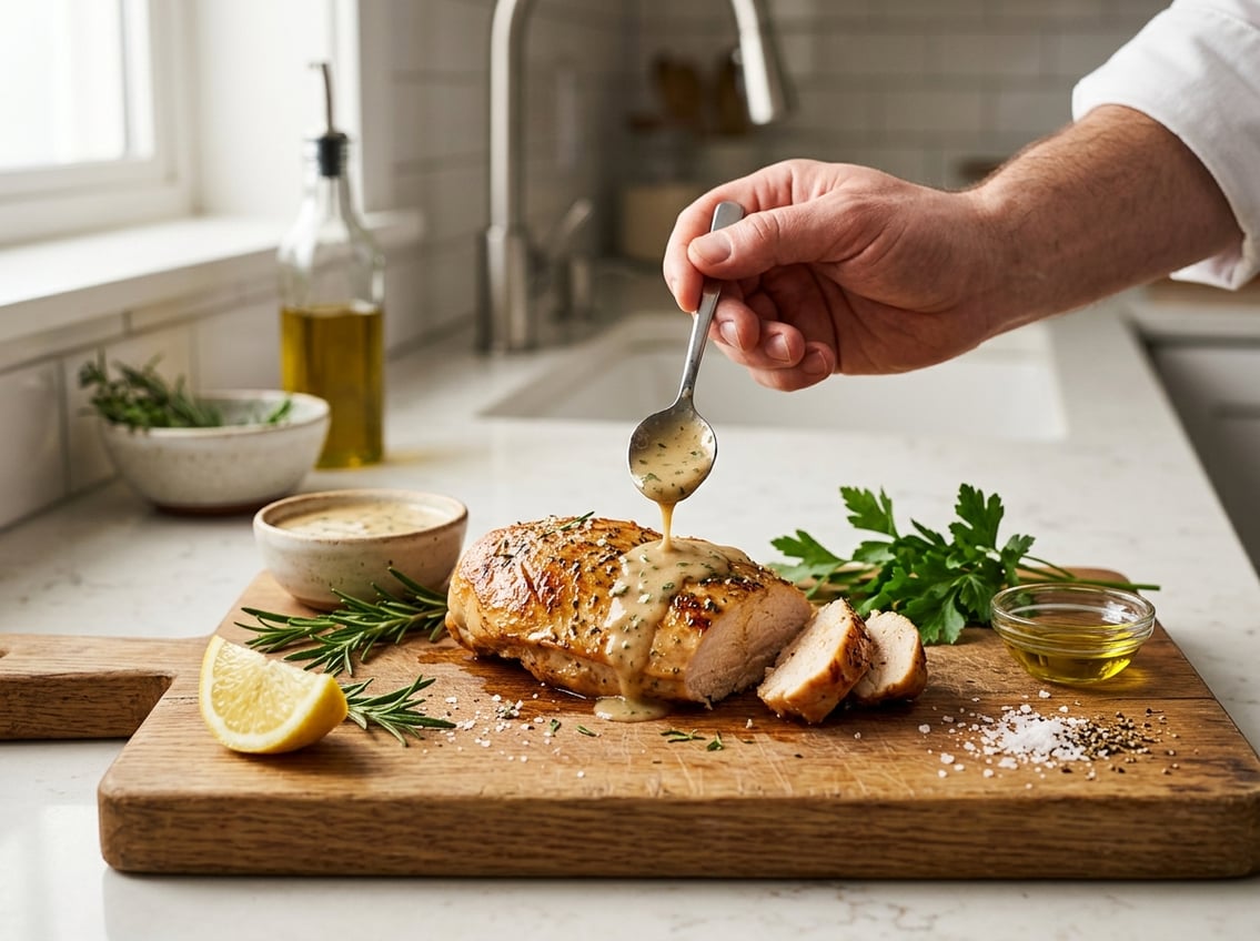 Close-up of a cooked chicken breast on a cutting board with sauce being spooned over it, surrounded by fresh herbs and lemon.