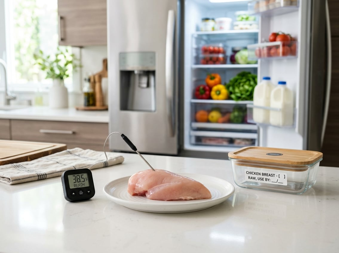 Raw chicken breast on a white plate on a kitchen countertop next to a digital thermometer, with an open refrigerator in the background showing organized shelves.