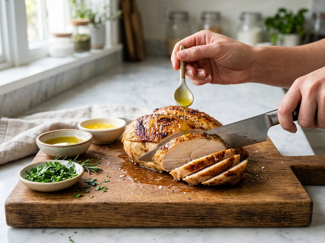 A sliced chicken breast being drizzled with olive oil on a wooden cutting board, surrounded by small bowls of oil, butter, and herbs in a bright kitchen.