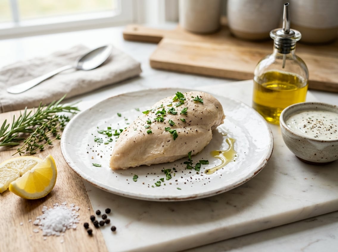 A cooked chicken breast on a plate with sauce, fresh herbs, and lemon slices arranged around it on a kitchen countertop.