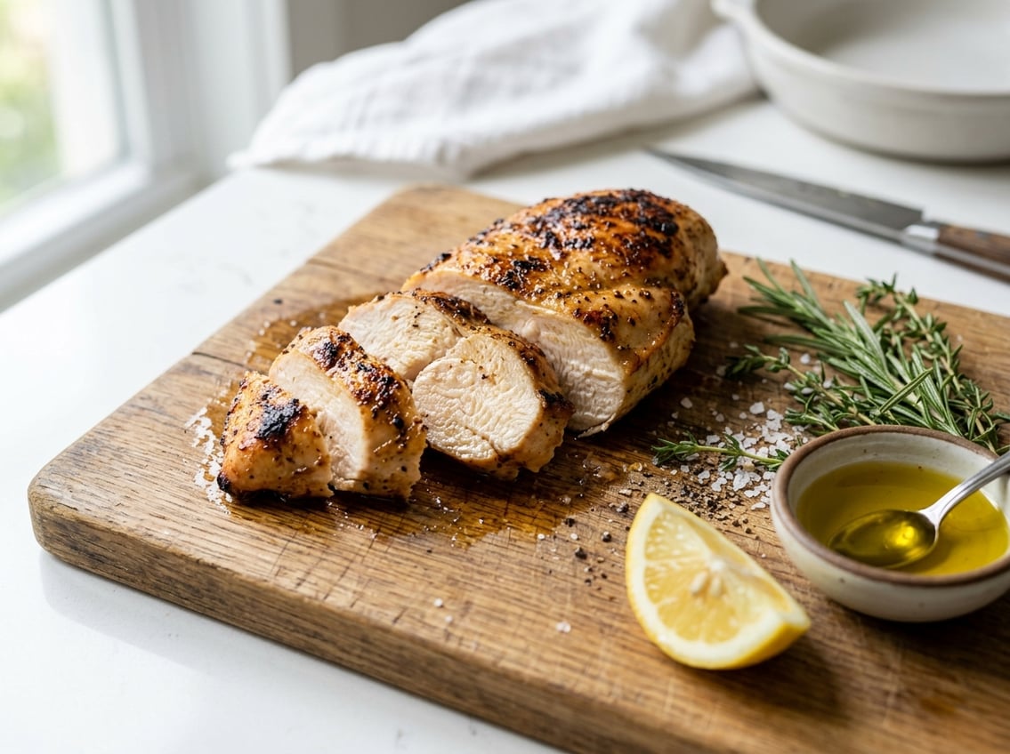 Sliced juicy chicken breast on a wooden cutting board with fresh herbs, olive oil, and lemon wedge on a kitchen countertop.