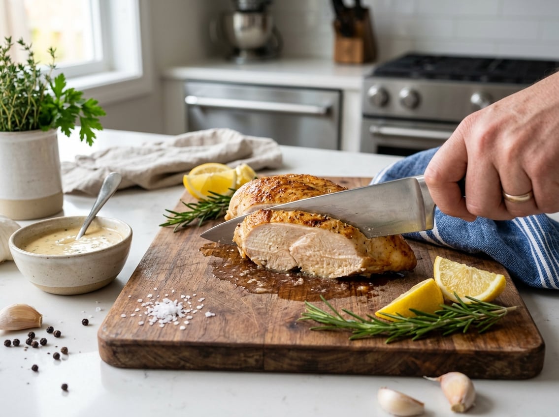 Close-up of sliced cooked chicken breast on a cutting board with lemon wedges, rosemary, and garlic in a kitchen setting.