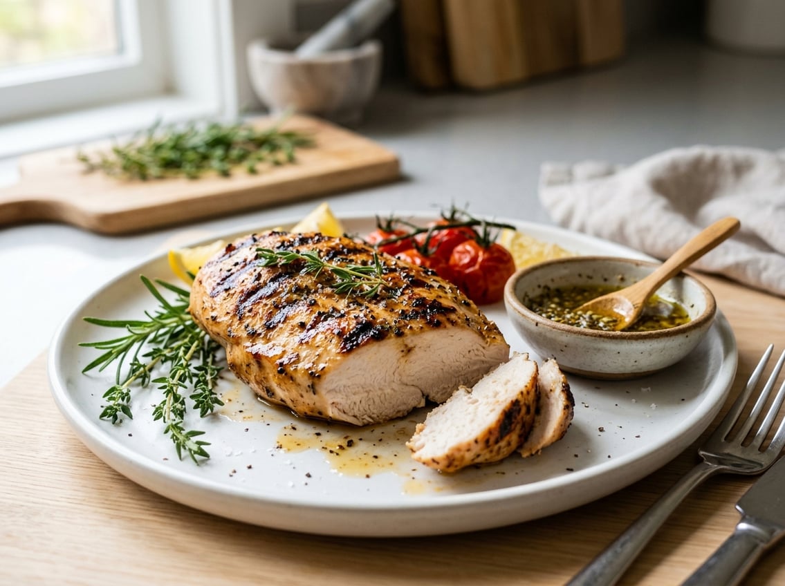 Close-up of a cooked chicken breast on a white plate with fresh herbs and a small bowl of seasoning on a kitchen countertop.