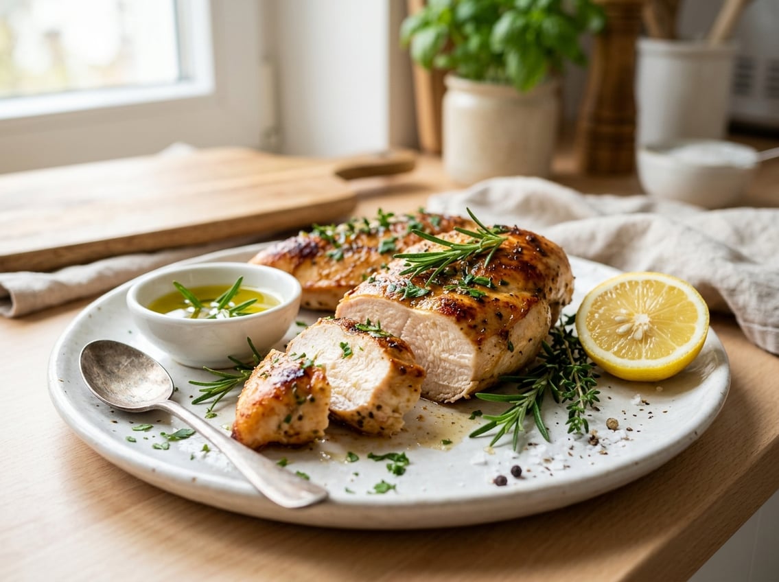 A sliced, juicy chicken breast on a white plate with fresh herbs and a lemon wedge on a kitchen countertop.