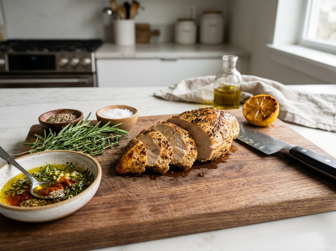 Sliced cooked chicken breast on a wooden cutting board with fresh herbs, lemon, and a knife on a kitchen counter.