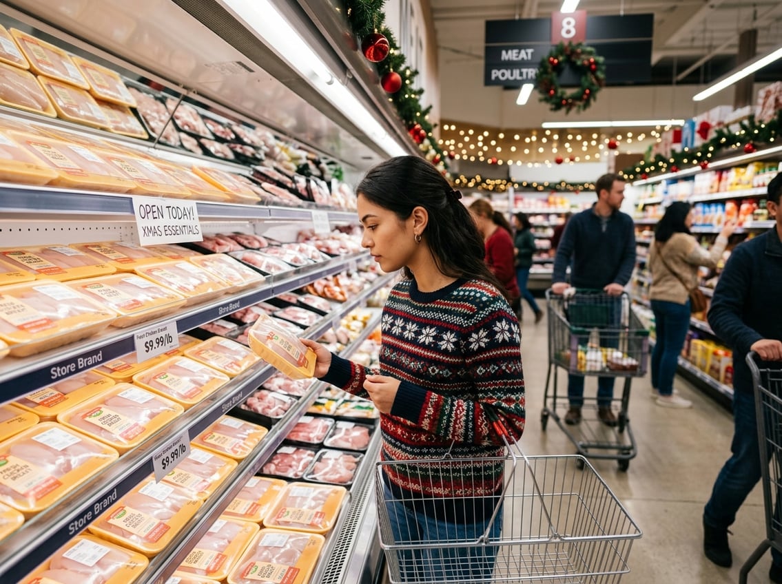 Shoppers looking at packaged chicken breasts in a grocery store aisle decorated for Christmas.