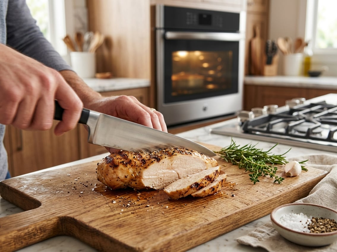 Sliced cooked chicken breast on a wooden cutting board with herbs and a kitchen oven in the background.