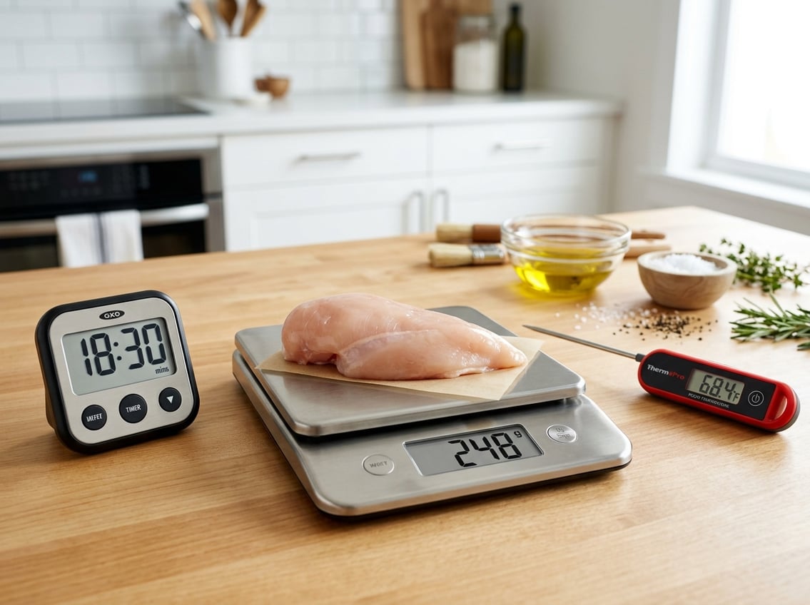 A kitchen scene showing a raw chicken breast on a digital scale, a kitchen thermometer, and a timer on a countertop.