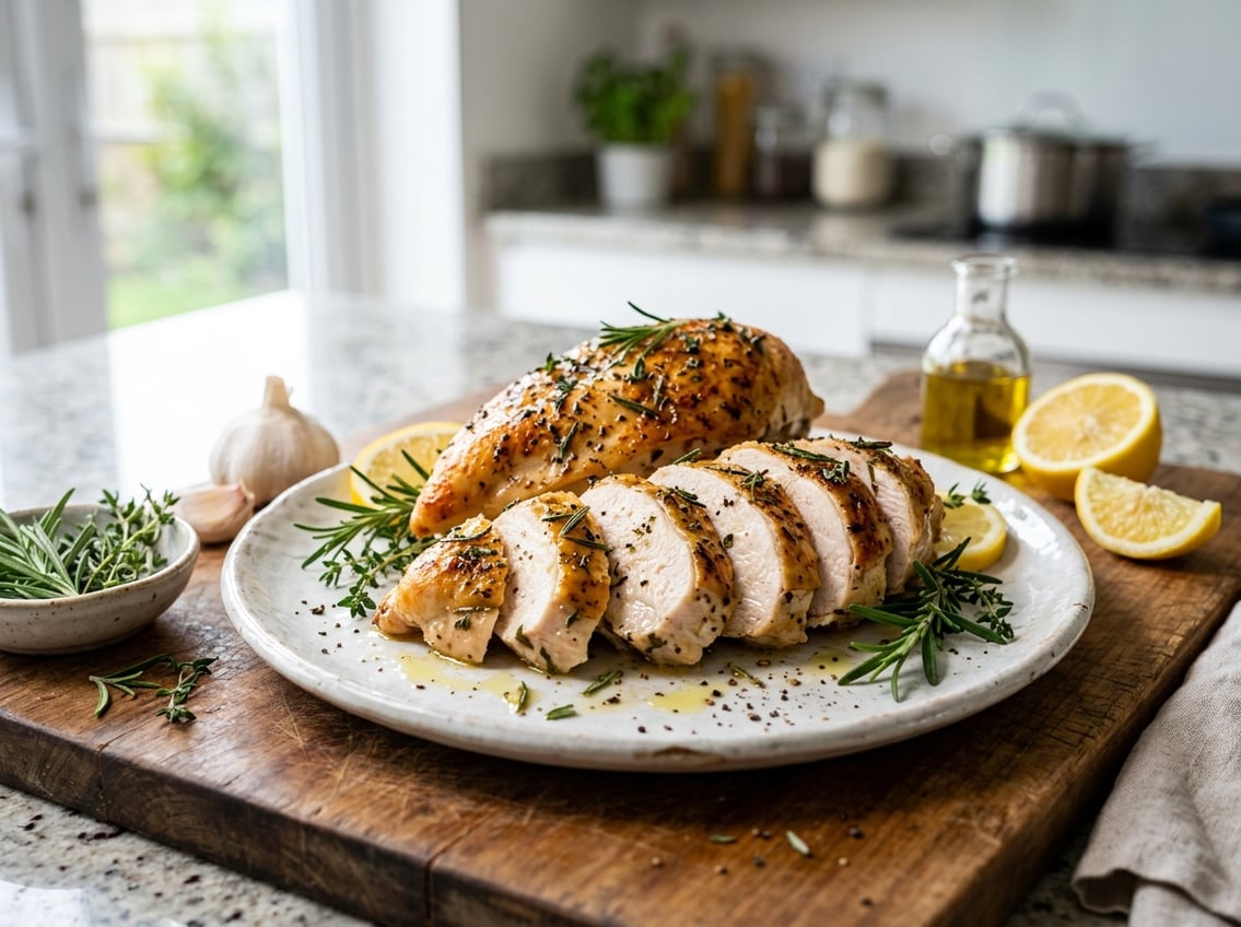 Sliced baked chicken breast garnished with herbs on a plate, surrounded by fresh garlic, lemon wedges, and herbs on a wooden board.