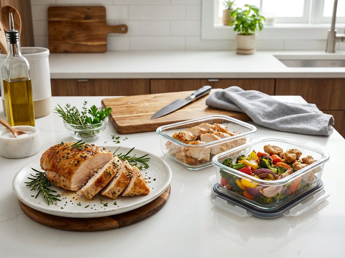 A sliced baked chicken breast on a plate with fresh herbs, alongside glass containers holding leftover chicken and vegetables on a kitchen countertop.