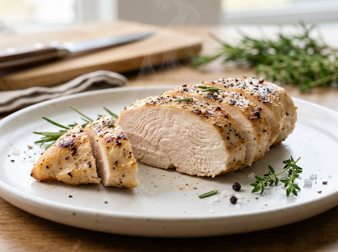 Close-up of a sliced cooked chicken breast showing its texture on a white plate with herbs in the background.