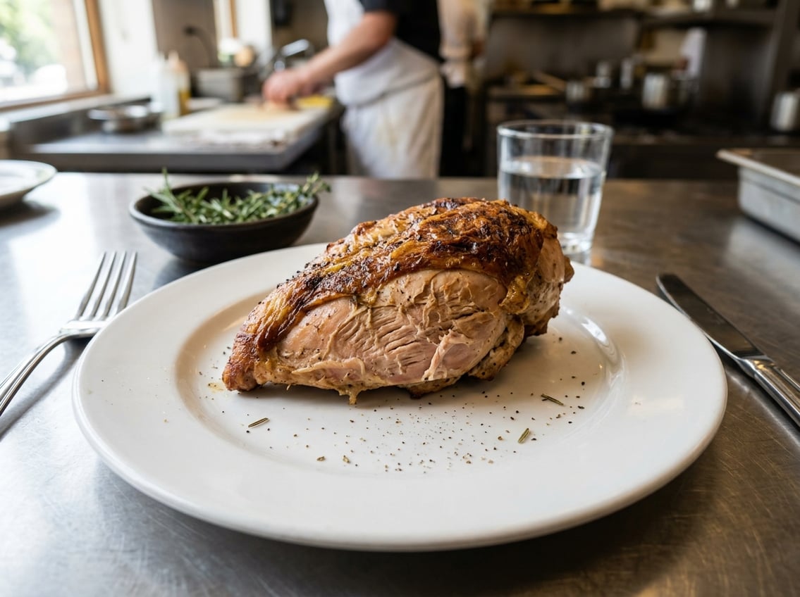 Close-up of a cooked chicken breast on a plate showing a dense, rubbery texture with kitchen utensils nearby.