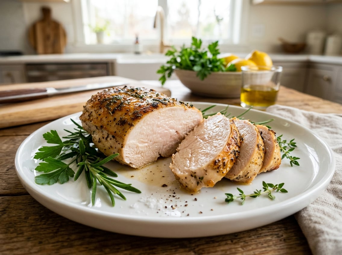 A sliced chicken breast on a white plate garnished with fresh herbs in a bright kitchen setting.
