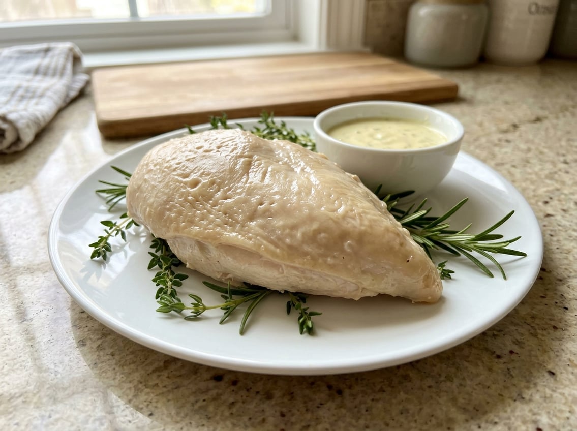 Close-up of a cooked chicken breast on a plate with fresh herbs and dipping sauce on a kitchen countertop.