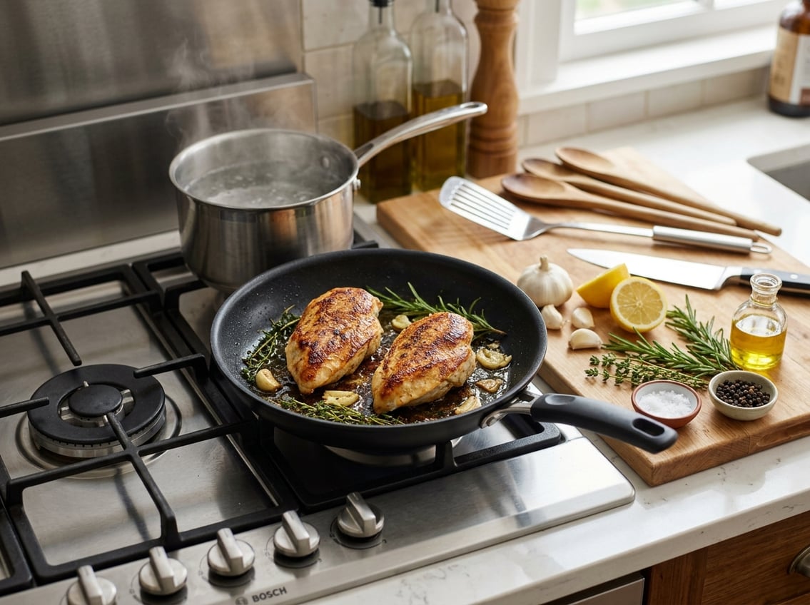 Two chicken breasts cooking in a skillet on a stovetop with fresh herbs and lemon slices nearby in a kitchen.