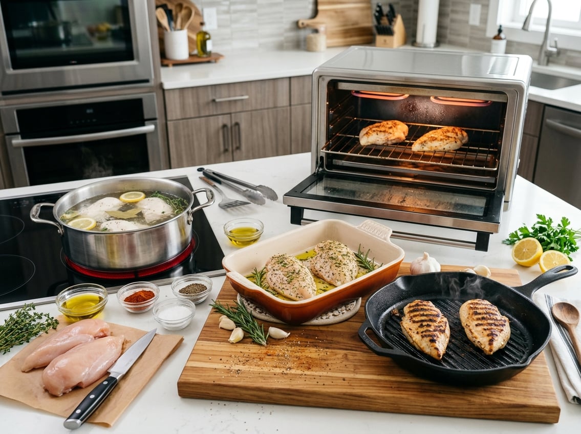 A kitchen countertop displaying raw chicken breasts prepared for baking, grilling, broiling, and poaching with fresh herbs and cooking utensils nearby.