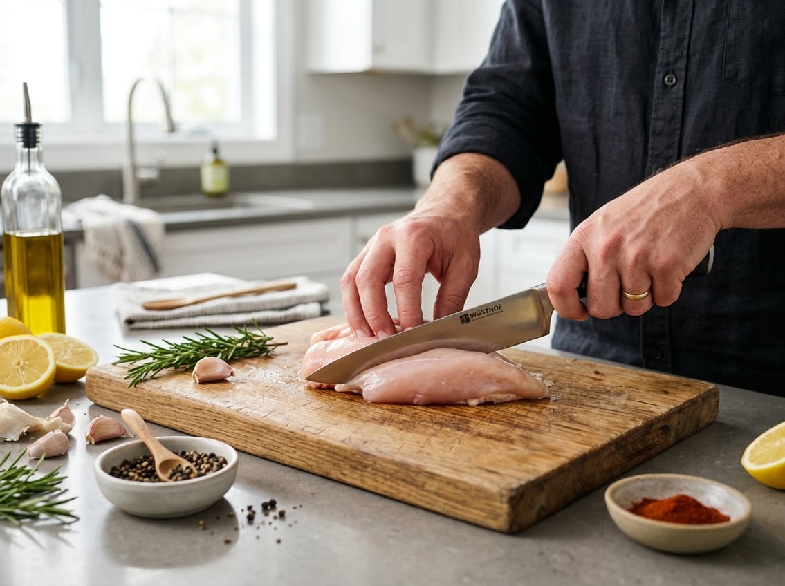Hands trimming raw chicken breast on a wooden cutting board with fresh herbs and spices nearby in a kitchen.