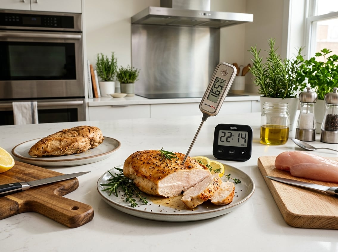 A cooked chicken breast with a meat thermometer and kitchen timer on a countertop, alongside examples of raw and overcooked chicken breasts in a clean kitchen setting.