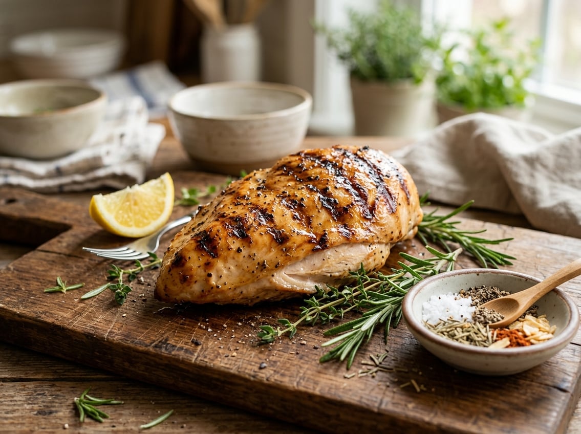Grilled chicken breast with herbs and lemon on a wooden cutting board.