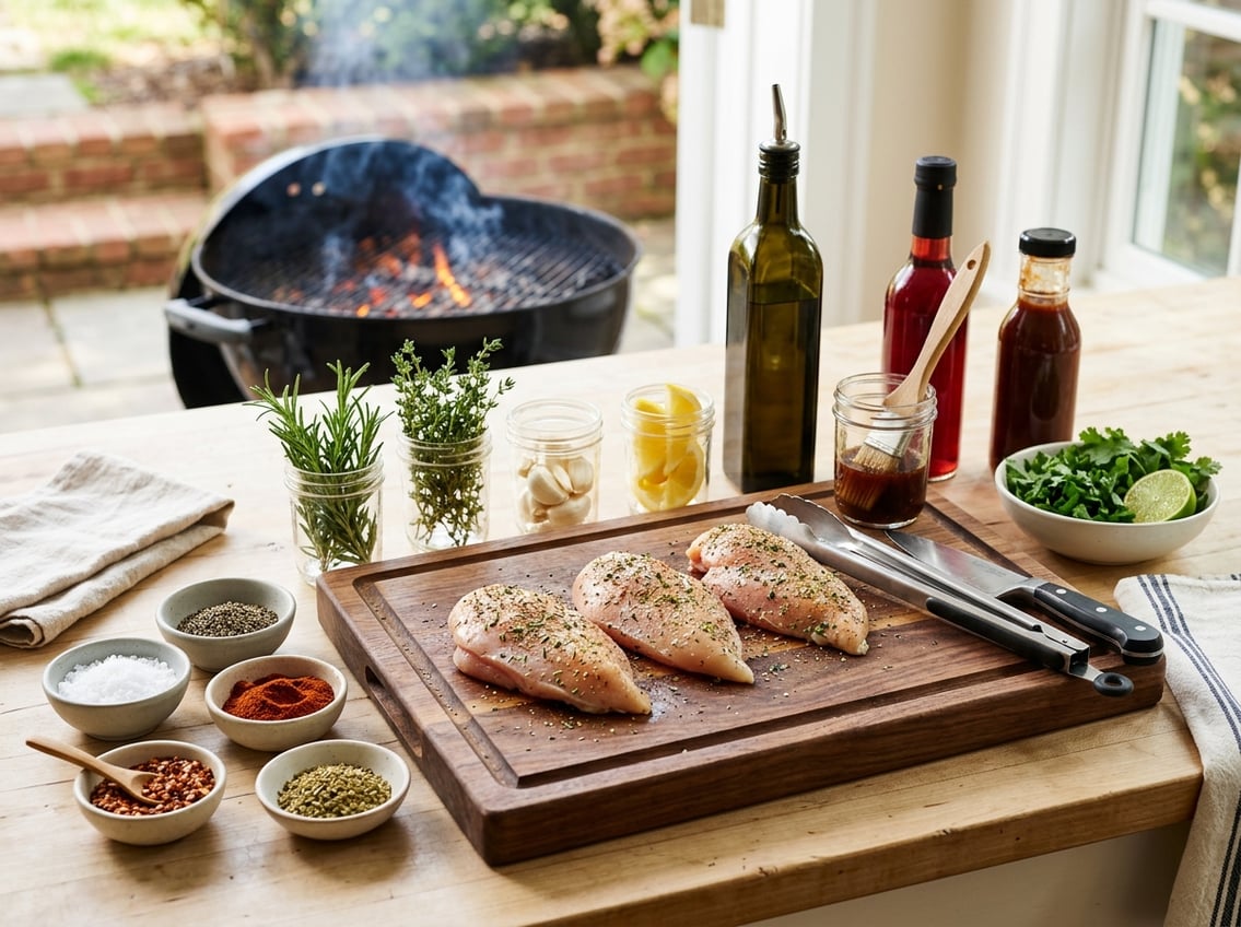 A kitchen countertop with raw chicken breasts, bowls of seasonings, fresh herbs, lemon wedges, and marinade bottles next to a grill pan ready for cooking.