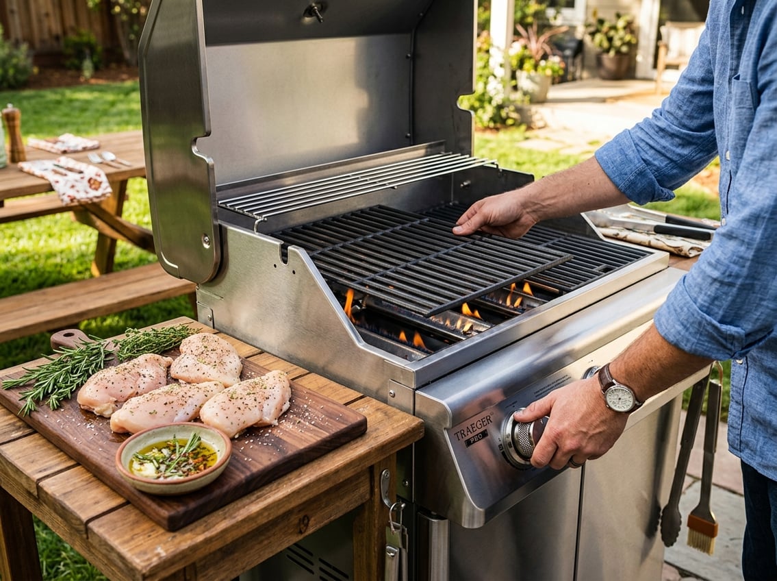 Person setting up an outdoor grill with raw chicken breasts and herbs nearby in a sunny backyard.