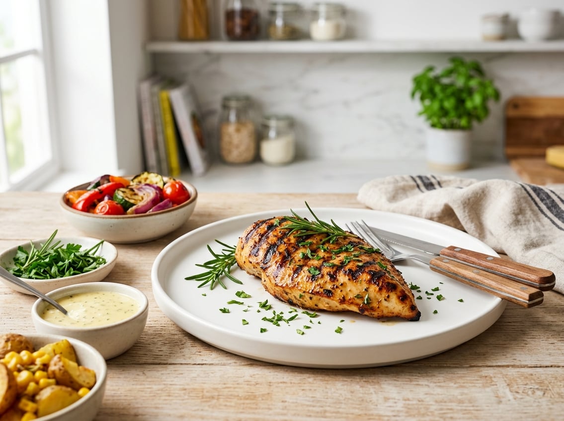 A grilled chicken breast with grill marks on a white plate garnished with fresh herbs, surrounded by small bowls of grilled vegetables and herbs in a bright kitchen.