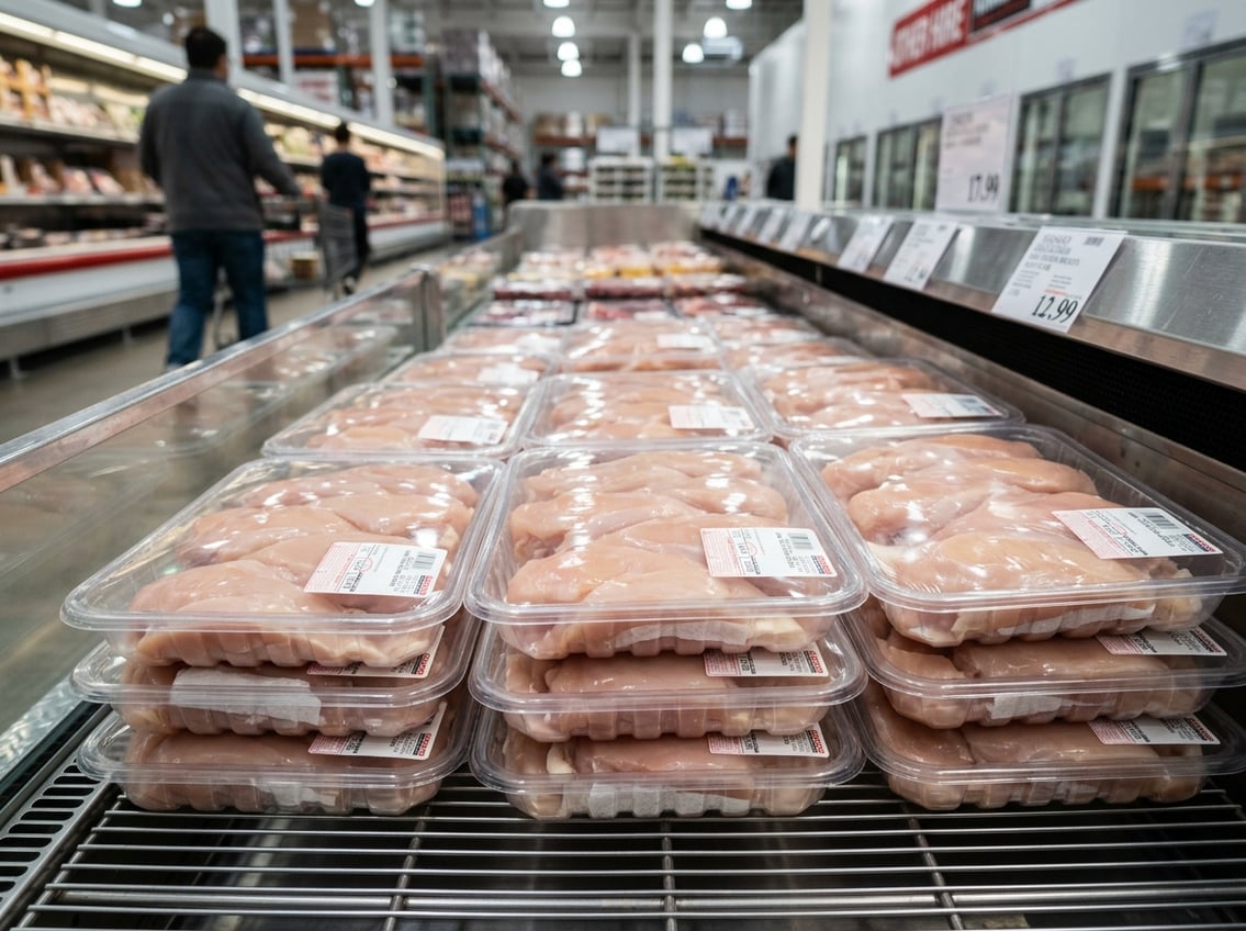 Fresh raw chicken breasts displayed in trays at a Costco store with shelves in the background.
