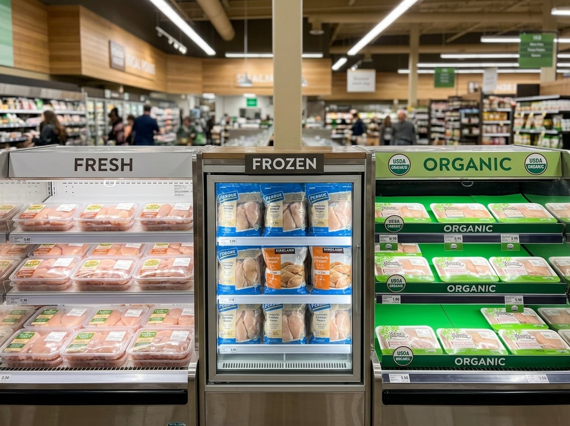 A grocery store display showing fresh, frozen, and organic chicken breast options arranged on shelves and in a freezer.