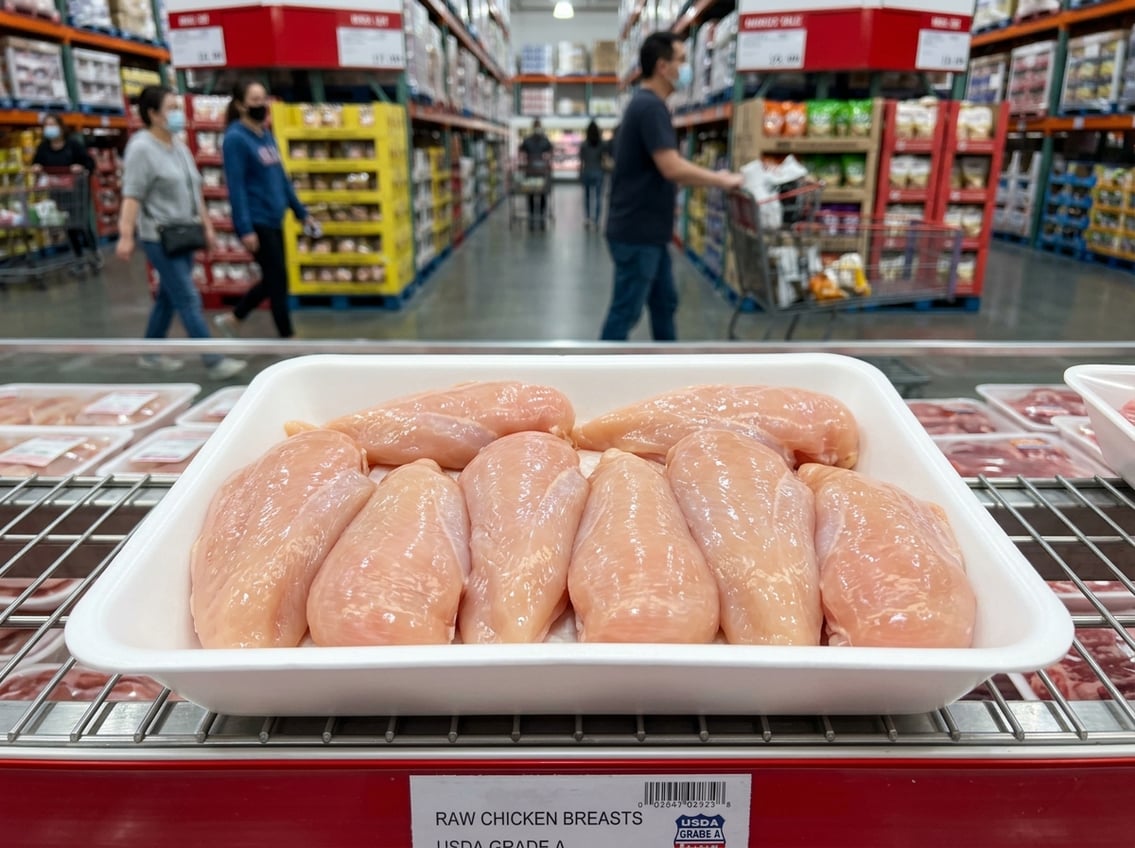 Close-up of fresh raw chicken breasts on a white tray in a supermarket with blurred shelves in the background.