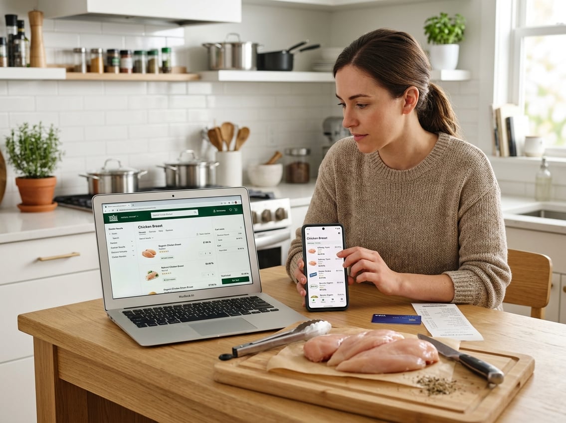 A person checking chicken breast prices on a laptop and smartphone in a kitchen with fresh chicken breasts on a cutting board.