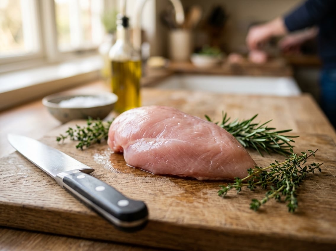 Close-up of a raw chicken breast on a wooden cutting board with kitchen utensils and fresh herbs around it.