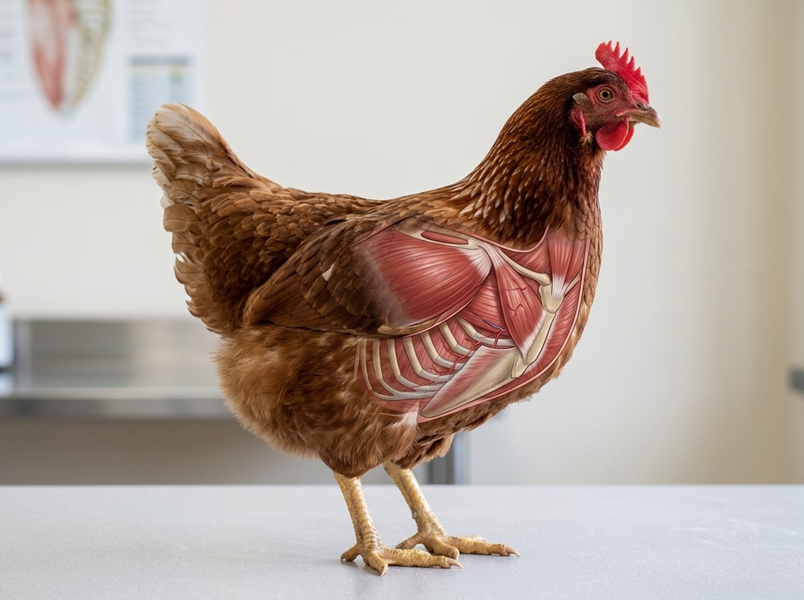 An anatomical illustration of a chicken highlighting the breast area with a clear view of the muscle structure beneath the skin.