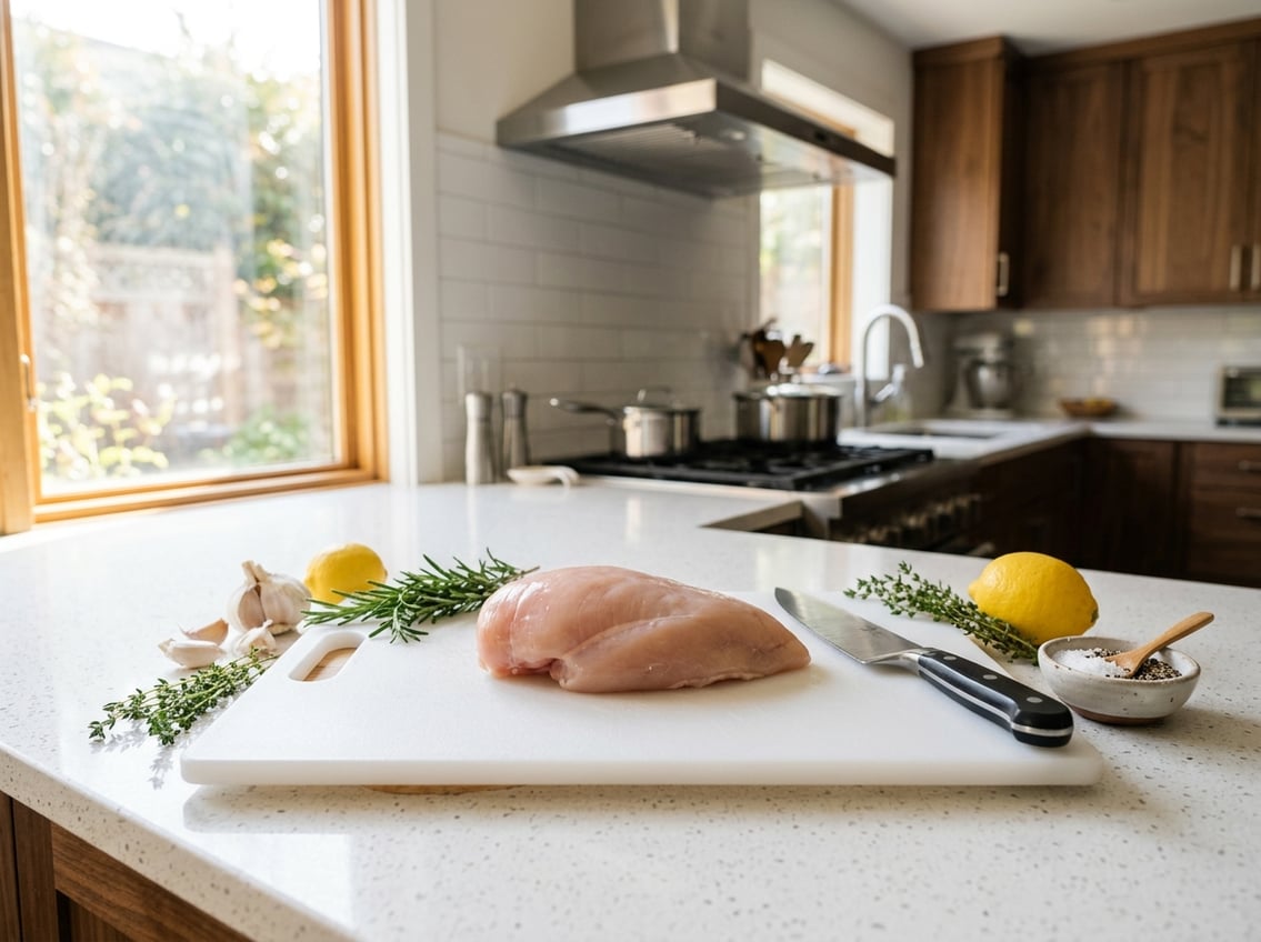 A raw chicken breast on a cutting board with herbs and a knife in a modern kitchen.
