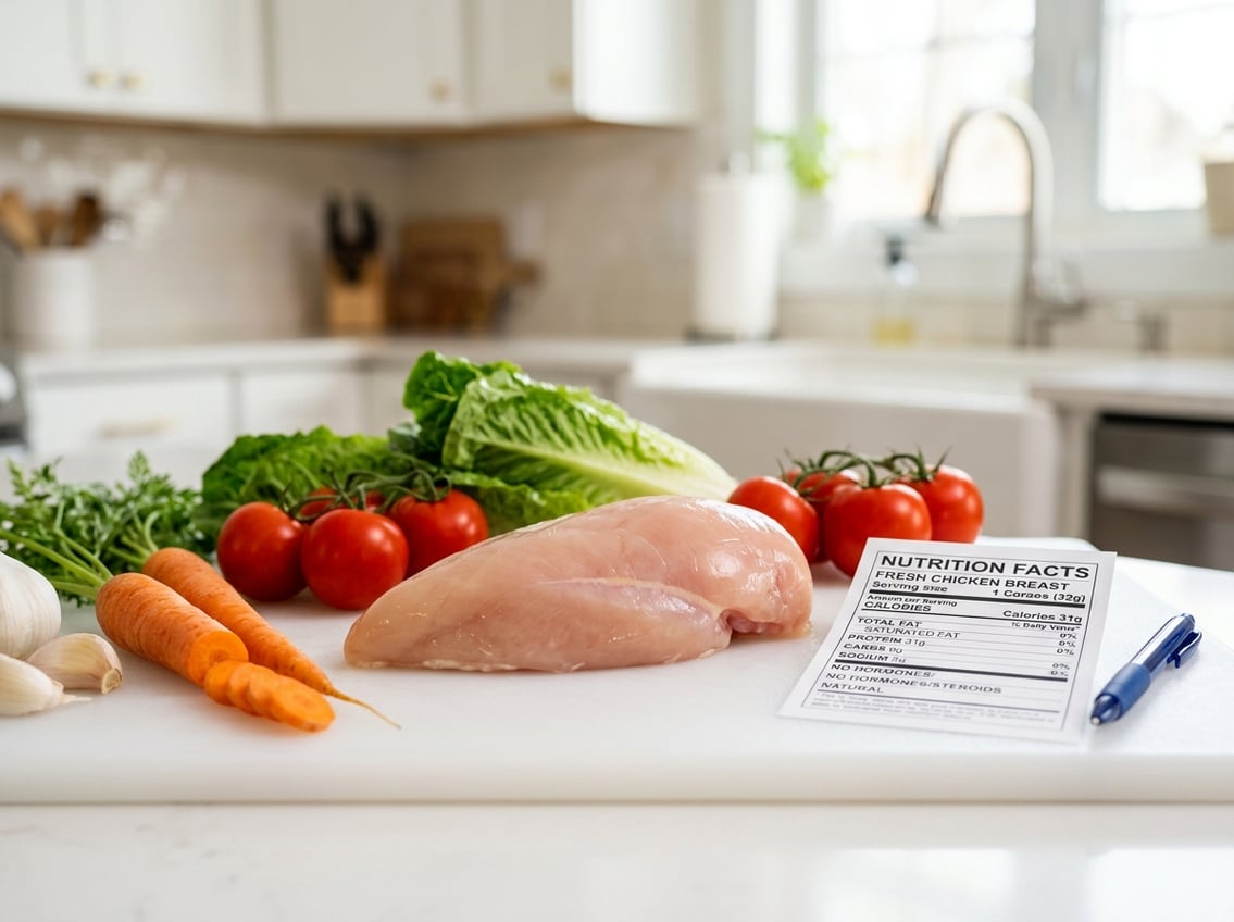 Close-up of a raw chicken breast on a cutting board with fresh vegetables and a nutrition label sheet nearby in a kitchen.