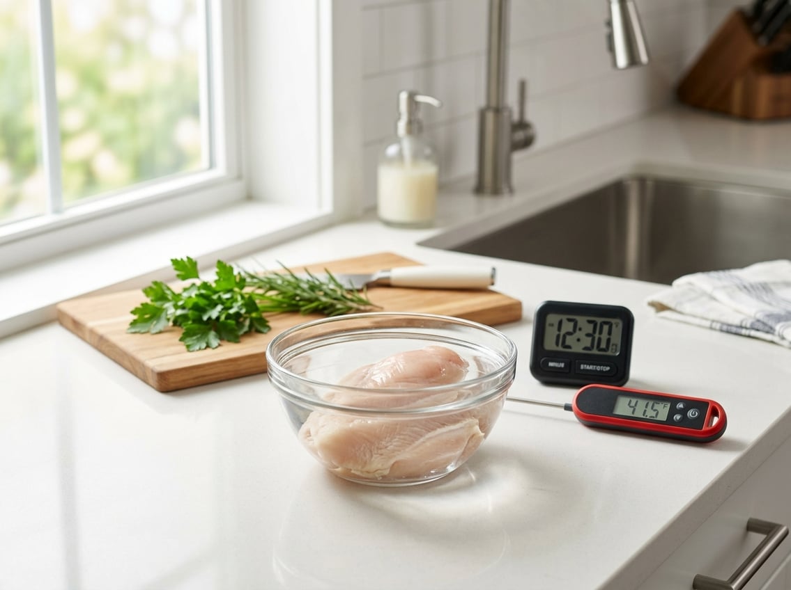 A raw chicken breast in a glass bowl of cold water on a kitchen countertop with a timer and thermometer nearby.