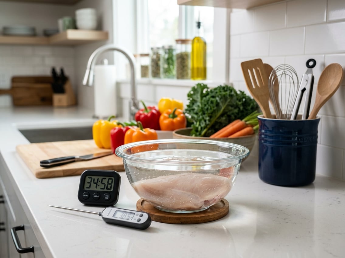 A kitchen countertop with a raw chicken breast thawing in a bowl of cold water, surrounded by fresh vegetables and kitchen tools.