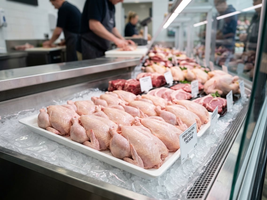 Fresh chicken breasts on the bone displayed in a refrigerated case at a supermarket.