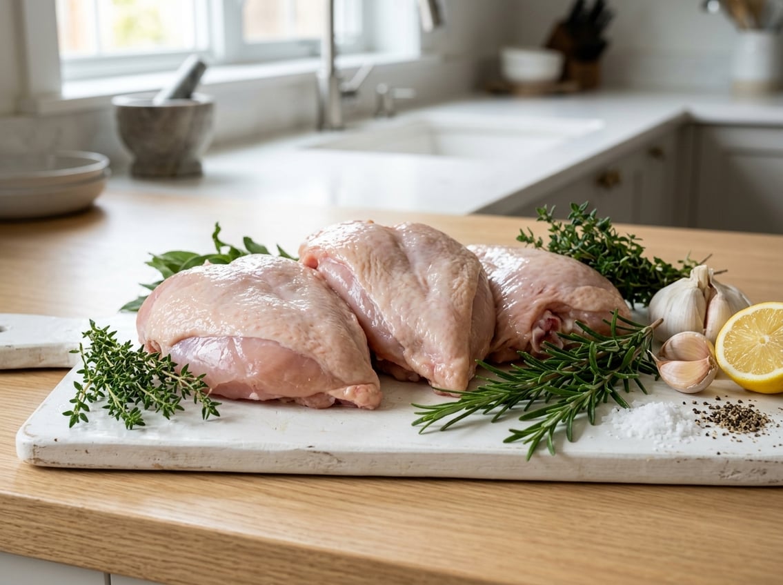 Fresh chicken breasts on the bone arranged on a cutting board with herbs and garlic in a kitchen setting.