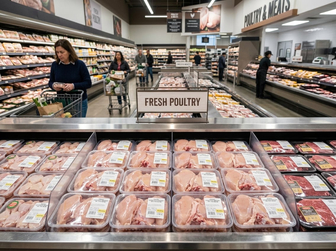 Fresh chicken breasts on the bone displayed in a grocery store meat section with shoppers in the background.