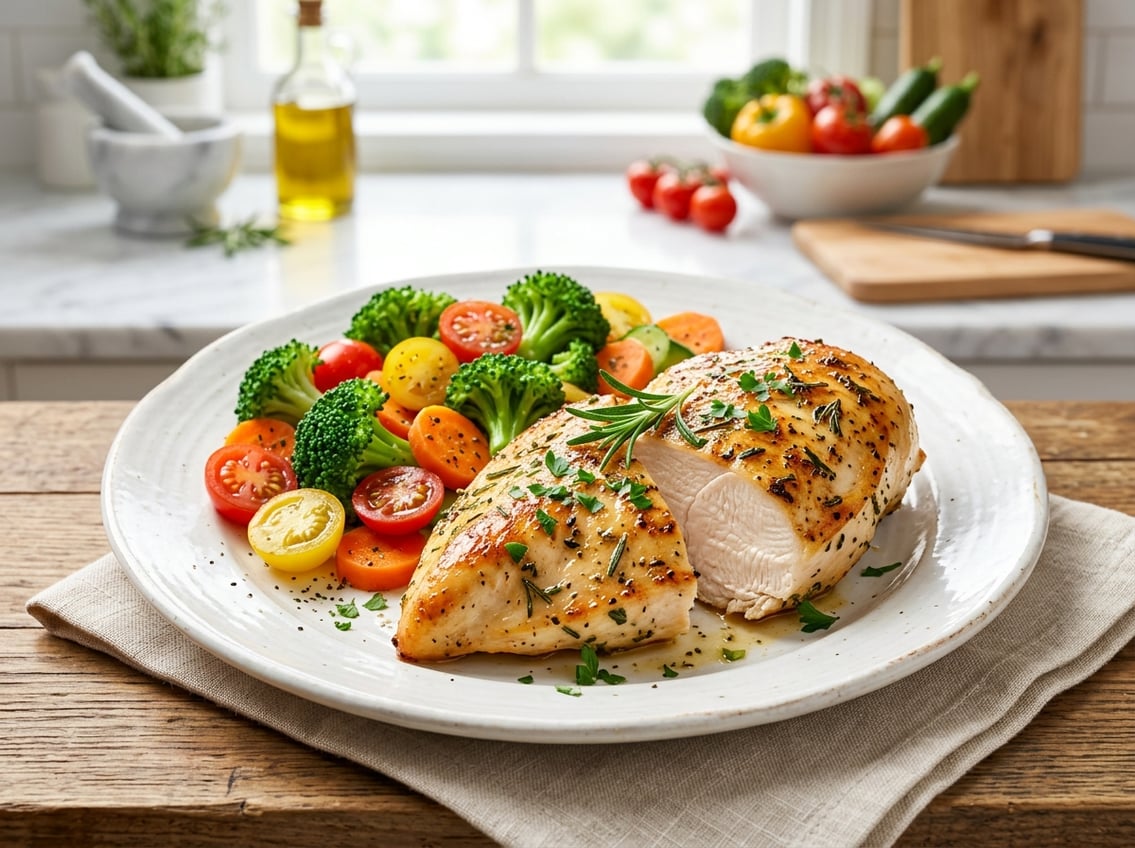A cooked chicken breast on a white plate garnished with fresh herbs, surrounded by colorful vegetables on a kitchen countertop.