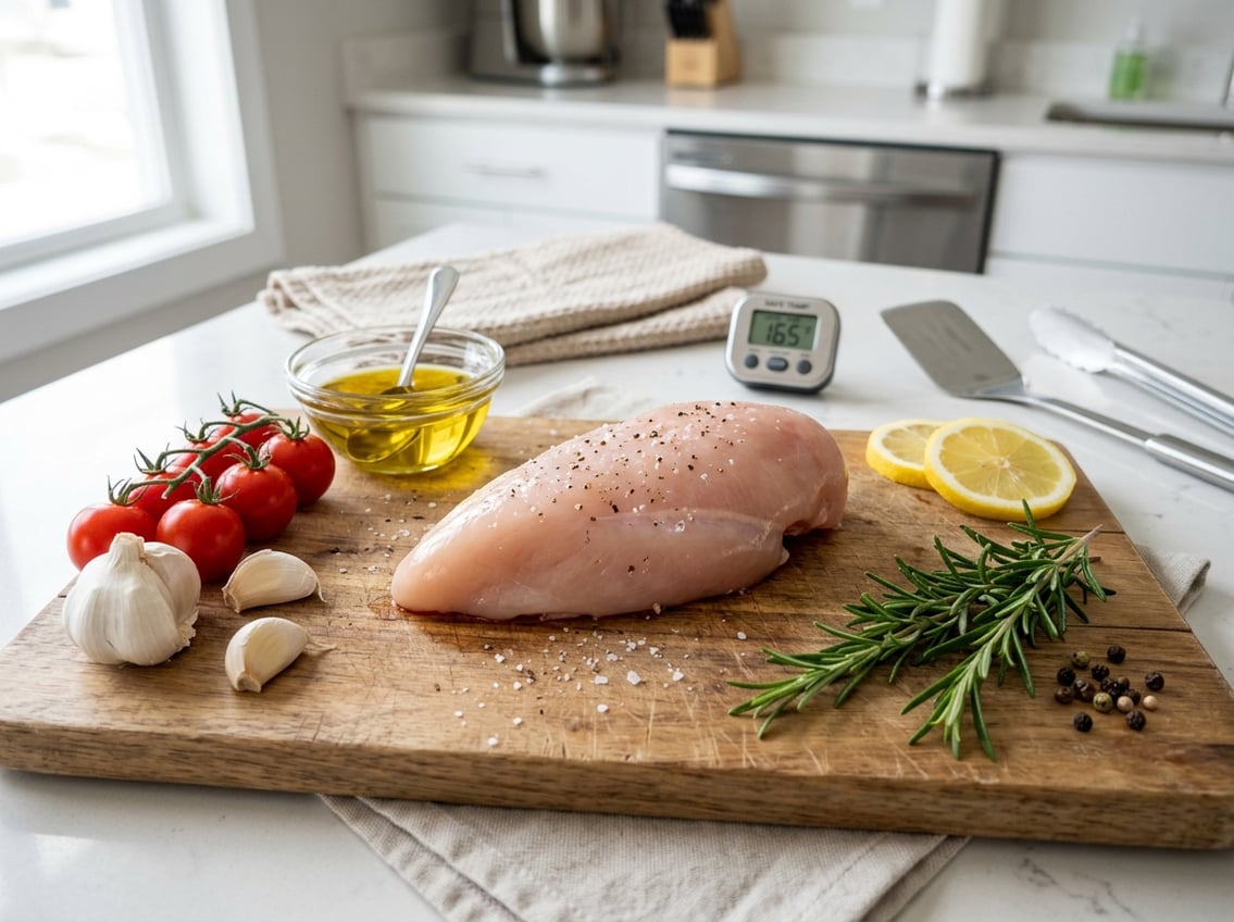 Fresh raw chicken breast on a wooden cutting board with fresh herbs, lemon slices, garlic, and olive oil in a kitchen setting.