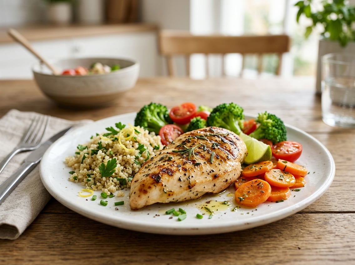 A plate with grilled chicken breast and fresh steamed vegetables on a table.