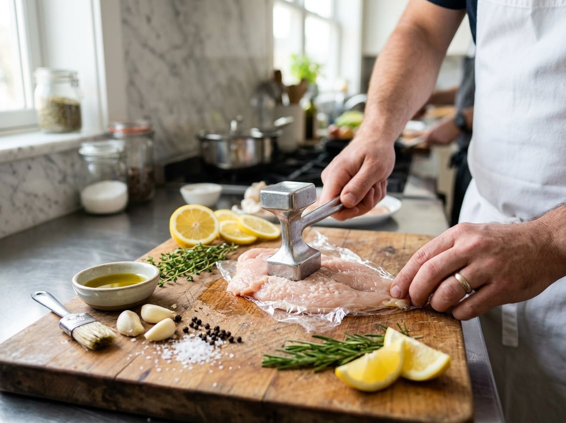 Close-up of raw chicken breasts on a cutting board with fresh herbs, lemon slices, garlic, olive oil, and a hand tenderizing the chicken with a meat mallet in a kitchen.
