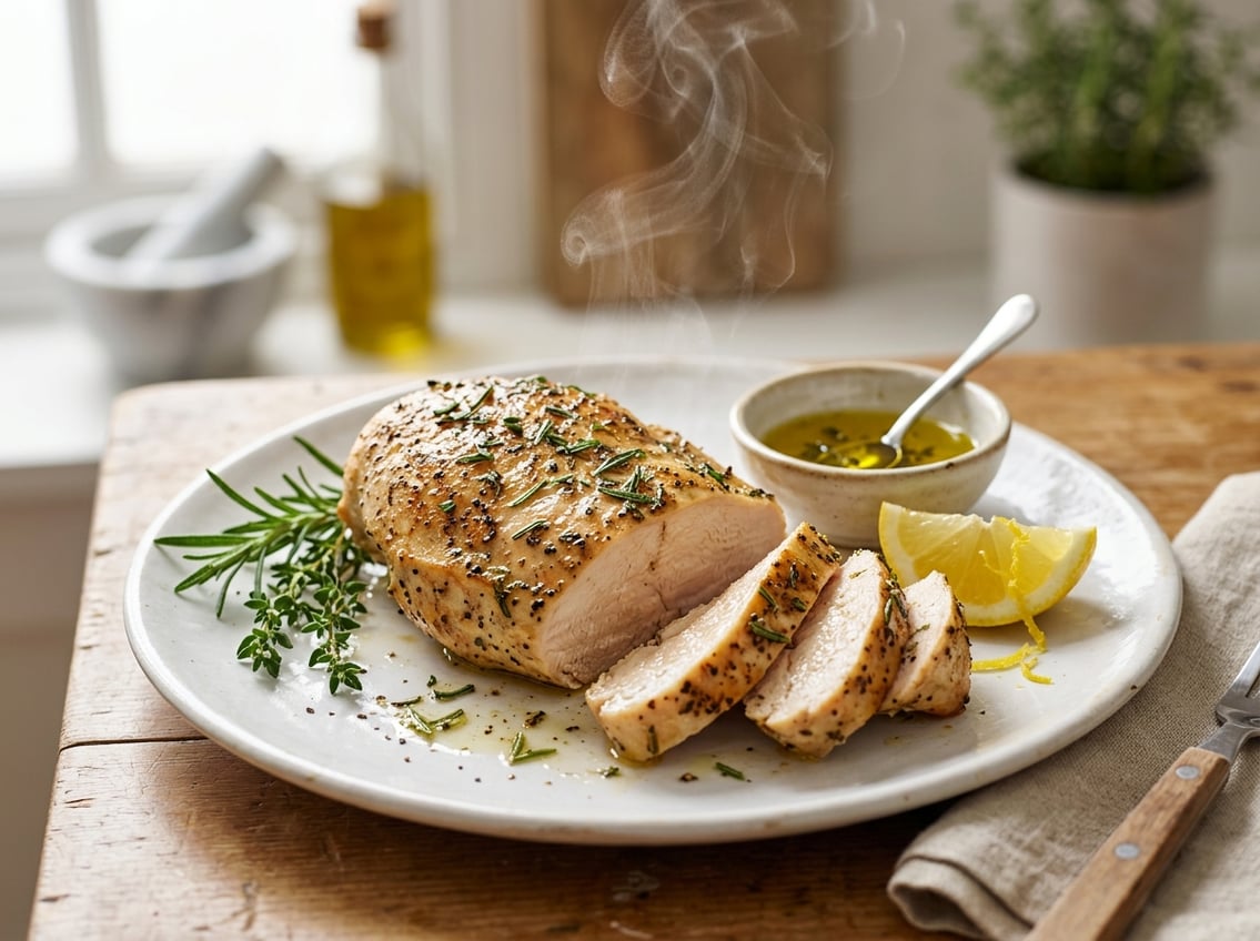 A sliced, juicy chicken breast on a white plate with fresh herbs and a lemon wedge on the side.