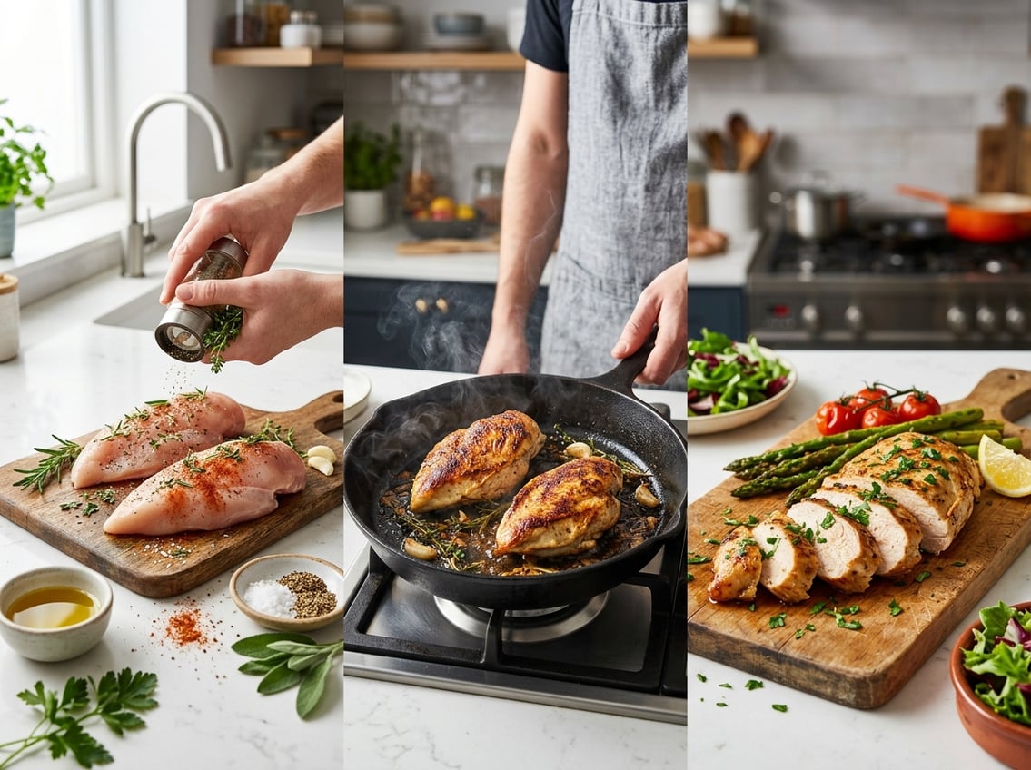 Three stages of preparing chicken breast: seasoning raw chicken, pan-searing in a skillet, and sliced cooked chicken on a cutting board with vegetables.