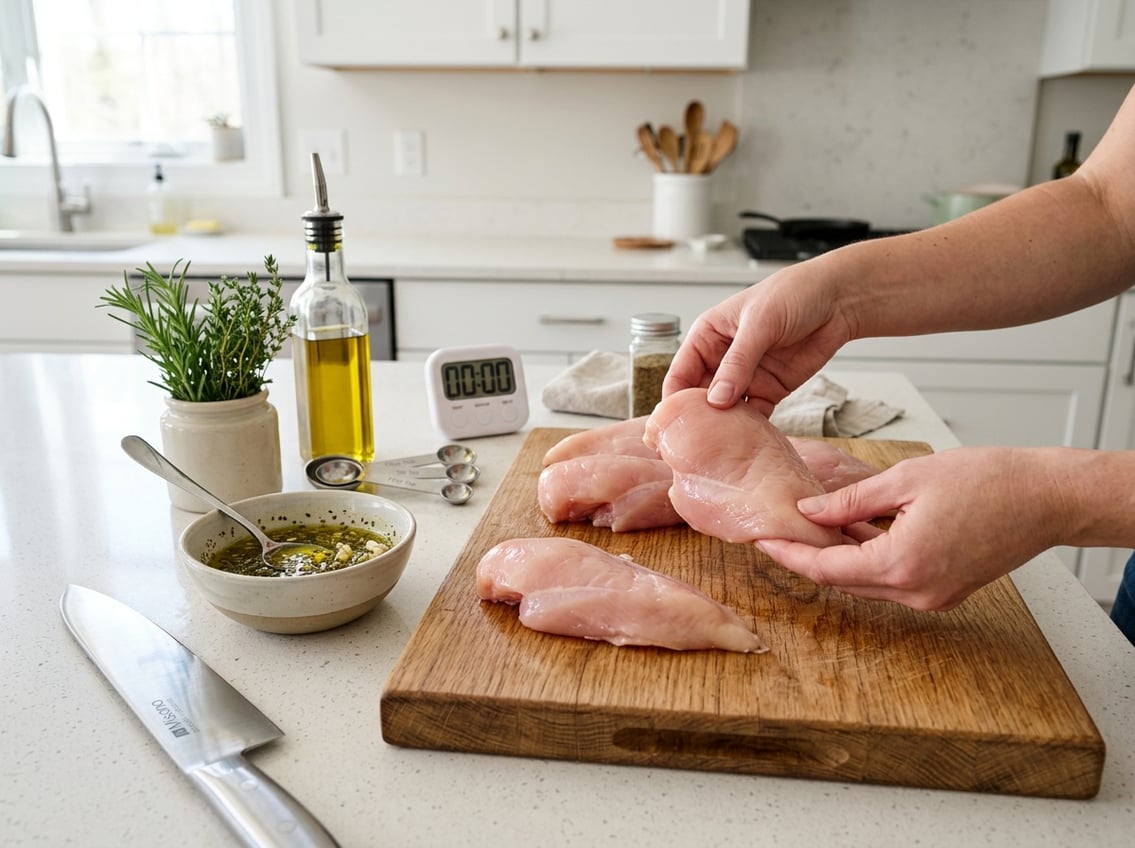 Hands preparing raw chicken breasts on a wooden cutting board with kitchen tools and fresh herbs nearby.